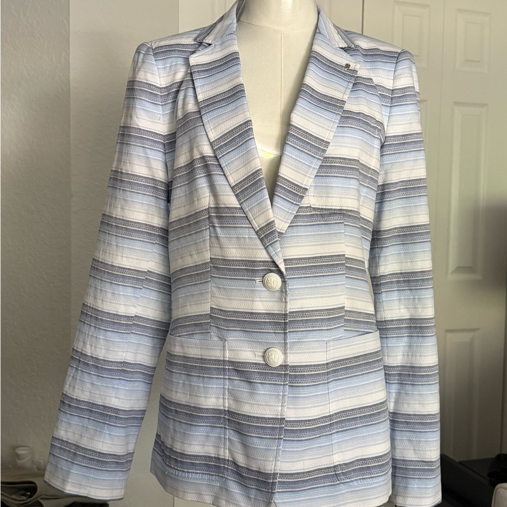 Tommy Hilfiger Women's Blazer - Light Blue and White Stripes